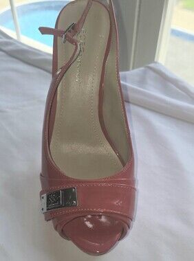 BCBGeneration Coral Pink Patent Peep-Toe Slingback Heel